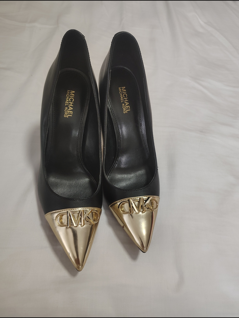 Michael Kors Black Leather Pointed Toe Pumps with Gold Caps - Picture 1 of 15
